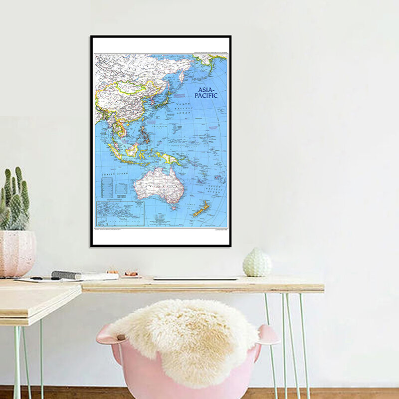 24x36 inches Fine Canvas Hanging Wall Art Painting  Printed Map of Asia Pacific For Home Office Decor