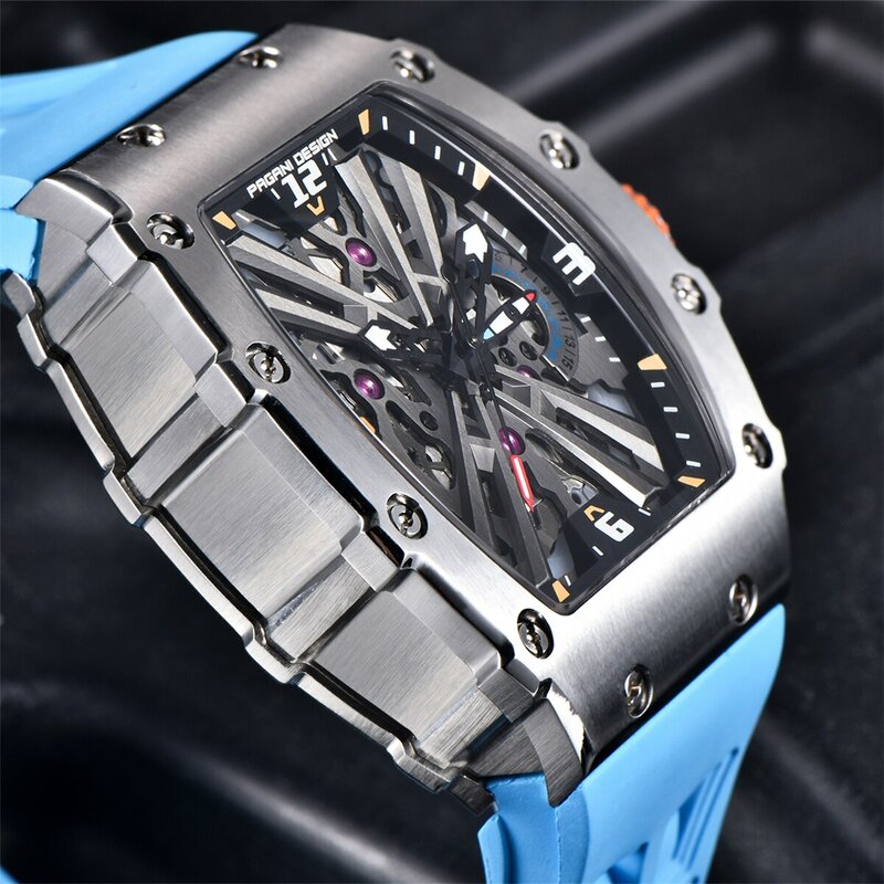 2024 New PAGANI DESIGN Men's Quartz Watches VH65 Movt Skeleton Dial 100M Waterproof Sport Rectangle Sapphire Glass Watch for Men