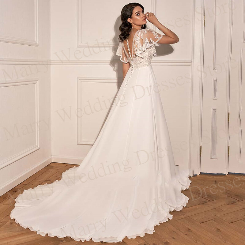 Simple A-Line Deep V-Neck Wedding Dresses Ruffles Short Sleeve Lace Appliques Bride Gowns Button Back Illusion Vestido De Novia