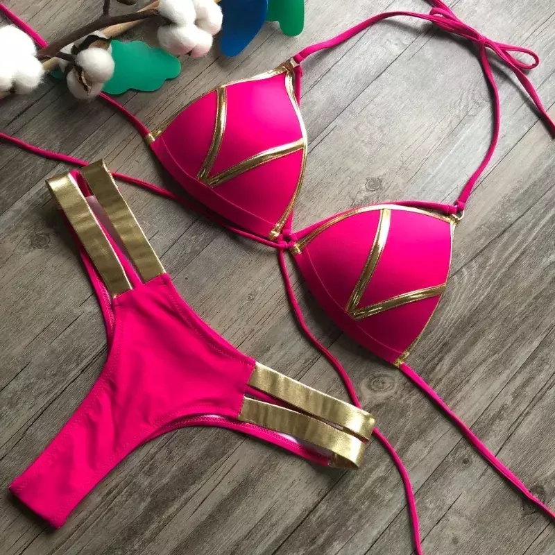 Nowe Bikini Push Up strój kąpielowy Halter odzież damska kostium kąpielowy złote tłoczenie brazylijskie Bikini zestaw 2024 seksowne plażowe stroje kąpielowe