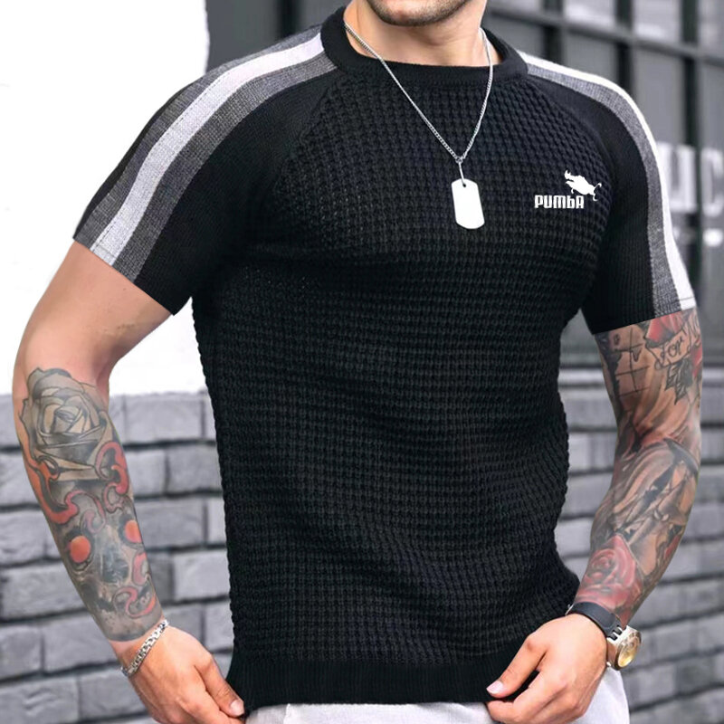 Men's Spring Summer New Waffle Pattern Shirt For Men Pullovers High-quality Casual Knitted Heavy Round Neck Top Tees