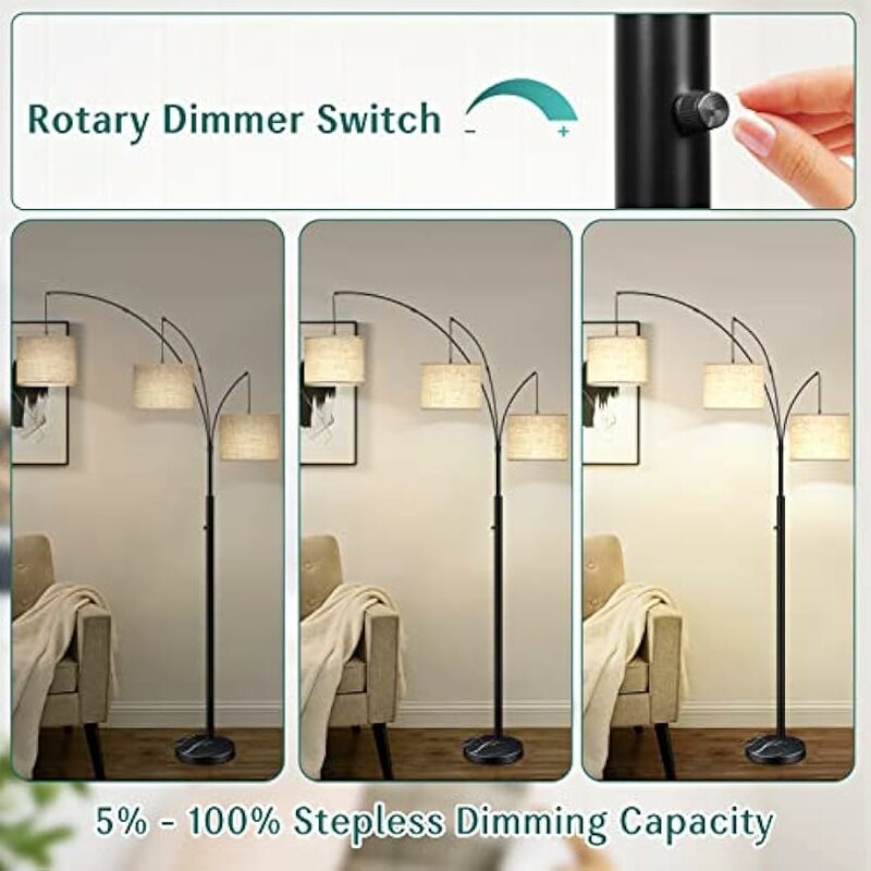 Lámparas de pie para sala de estar, lámpara de pie de arco alto regulable de 3 luces con colgante ajustable