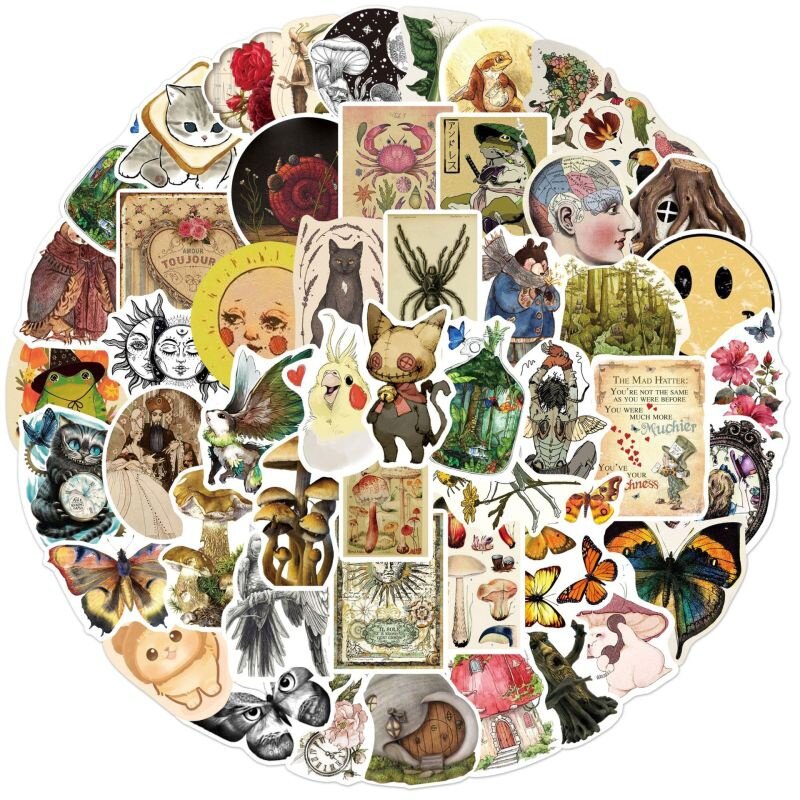 10/30/50pcs Vintage Animal and Plant Cartoon Stickers Nature Painted Art Graffiti Travel Case Guitar Old Decal