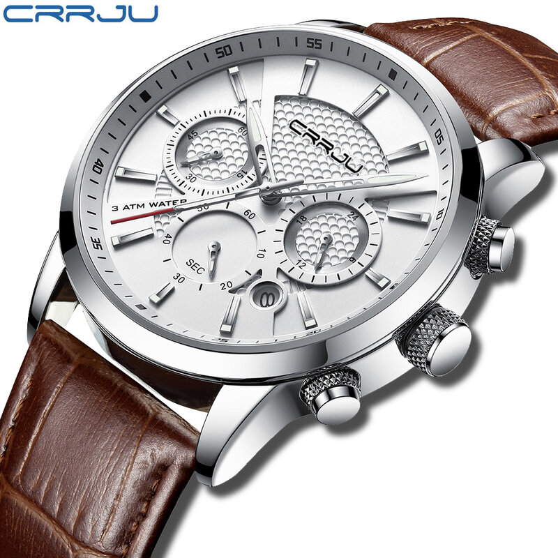 Watches Mens 2021 CRRJU Casual Leather Quartz Men's Watch Top Brand Luxury Business Clock Male Sport Waterproof Date Chronograph