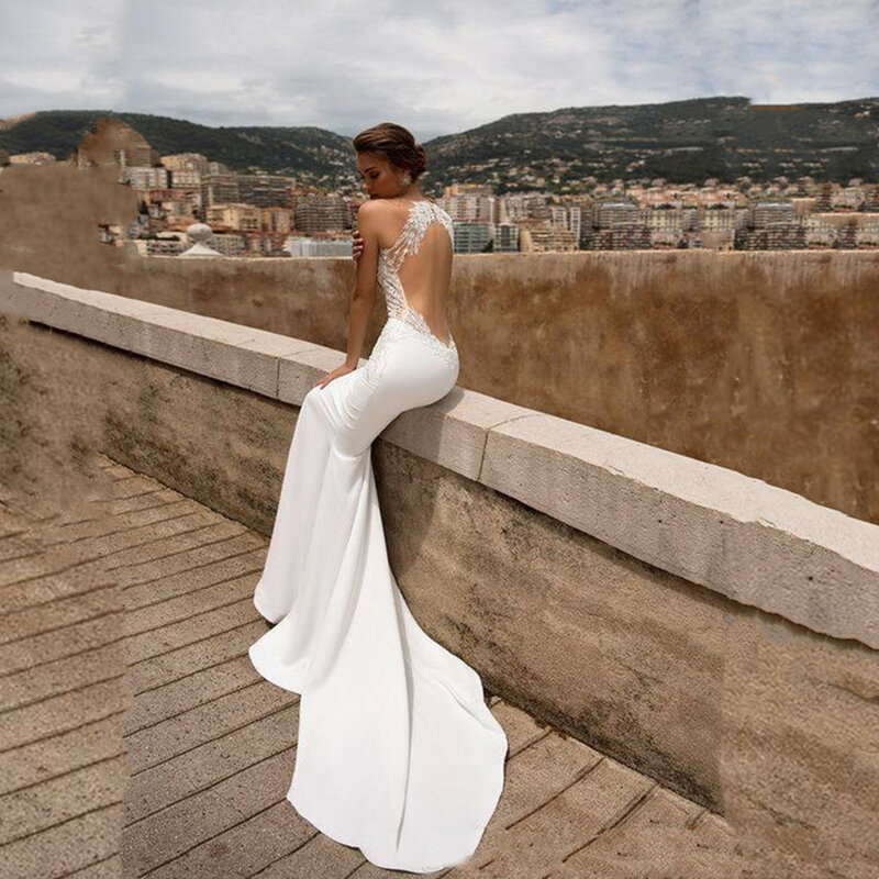Vestidos de novia de sirena con espalda descubierta para mujer, traje Sexy con apliques de encaje y cuello en V, color blanco, 2023