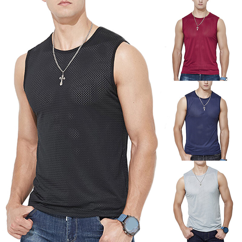 قمصان رجالية بدون أكمام من الحرير الجليدي ، قميص تمرين للذكور ، قمصان قابلة للتنفس ، سترة داخلية ، قمصان شبكية بفتحات ، 4XL