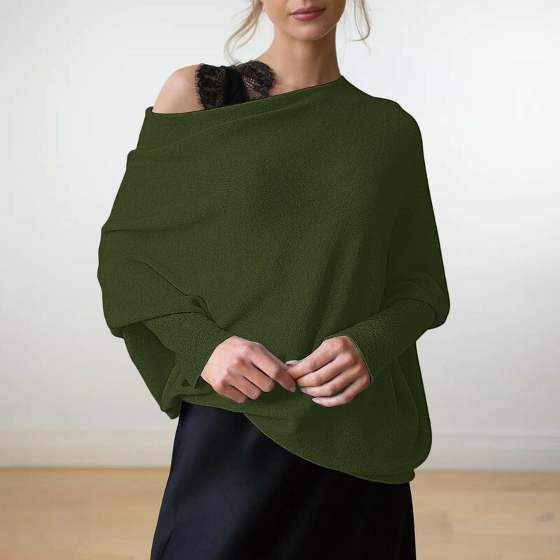 Women's Long Batwing Sleeve Boat Neck Knitting Tops  Autumn And Winter Baggy Pullover Sweaters Solid Color Loose Casual Knitwear