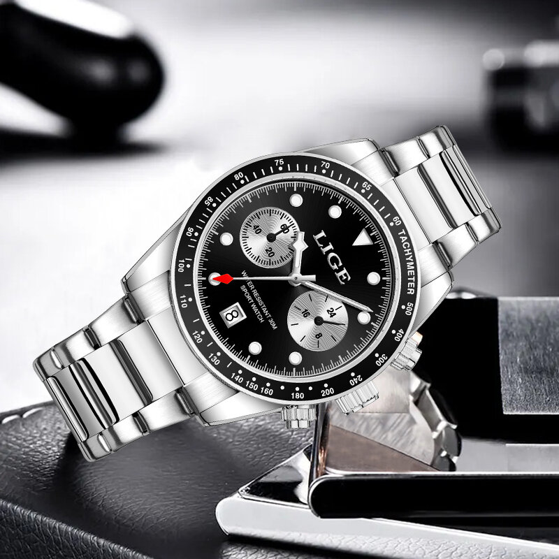 Lige นาฬิกาควอทซ์แบรนด์หรูสำหรับผู้ชาย, นาฬิกาแฟชั่นกีฬาลำลองสแตนเลสกันน้ำนาฬิกาข้อมือผู้ชาย