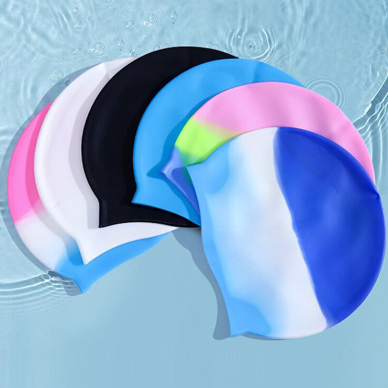 Gorro de natación de silicona para hombres y mujeres, impermeable, Color degradado, cabello seco, protección de orejas, accesorios de natación, 1 unidad