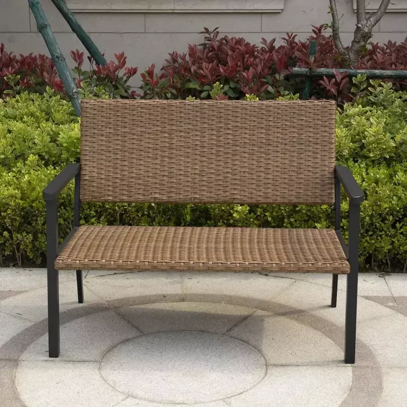 Outdoor Patio Benches Bench Chair for Outside Patio Porch, Metal Frame, Natural All Weather Wicker Patio Benches