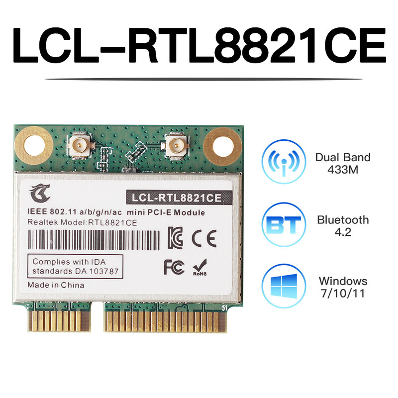 RTL8821CE Wi-Fi Tốc Độ 433Mbps + BT4.2 802.11AC 2 Băng Tần 2.4G/5GHz Mini PCIe CARD WiFi Mạng Không Dây hỗ Trợ Thẻ Laptop/PC Win10/11