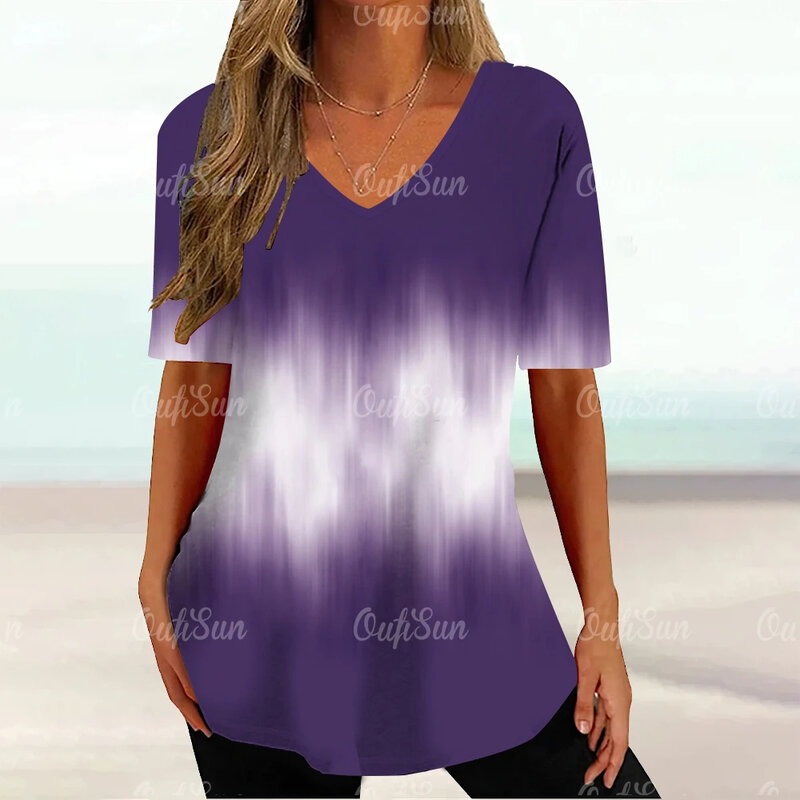 2024 New Women's T shirts Summer Geometric Print V Neck Short Sleeve T-Shirt Tops Casual Women Clothing Oversized Streetwear