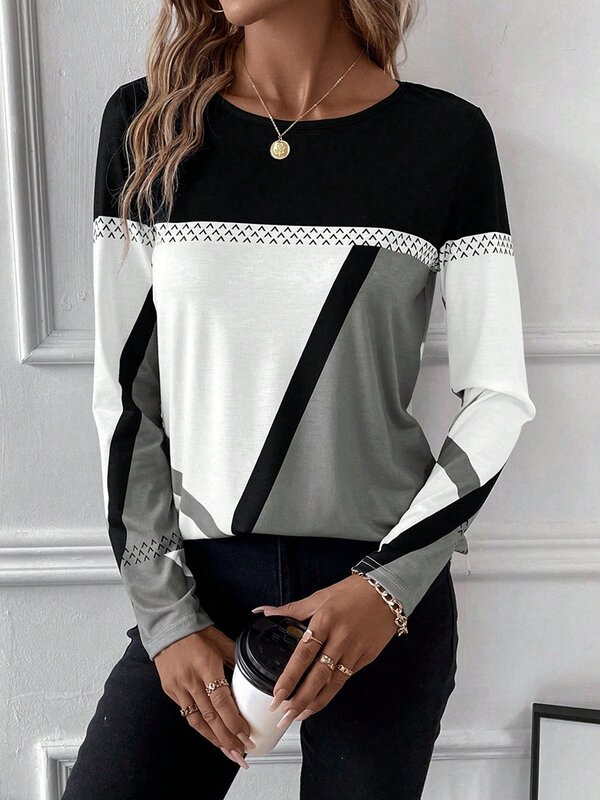 Autumn and Winter Women's Top New Pullover Round Neck Collision Splicing Geometric Printing Casual Loose Tops Women's T-shirt