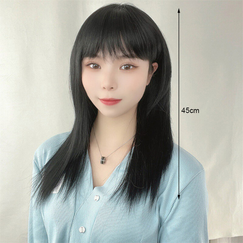 Fashionable Flush and Angled Bangs Medium Length Wig Natural Synthetic Replaceable Hair for Woman Hair Extensions Daily Use