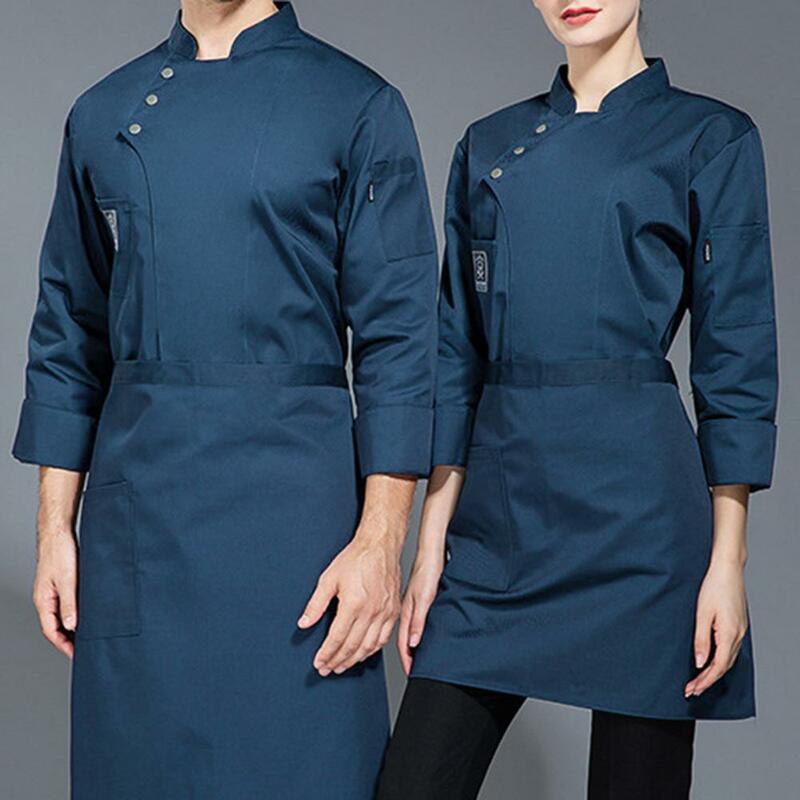 Chef profissional tops com bolsos para comida, uniformes para homens e mulheres, colarinho elegante com estande, vestuário de restaurante