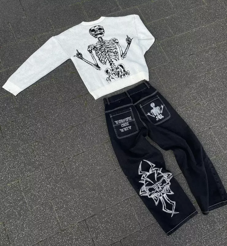 Y2K-Pantalones vaqueros rectos e informales para hombre, ropa de calle holgada, Retro, con bordado de Calavera, color negro