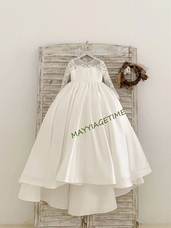 Long Sleeves V Back Lace Satin Wedding Flower Girl Dress Kids Princess Birthday Party Dress Communion Dress