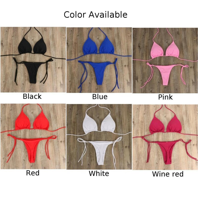 Set Bikini Thong wanita baju renang seksi dasi samping gaya perban pakaian renang Brasil gantungan leher warna Solid setelan baju renang dapat diatur