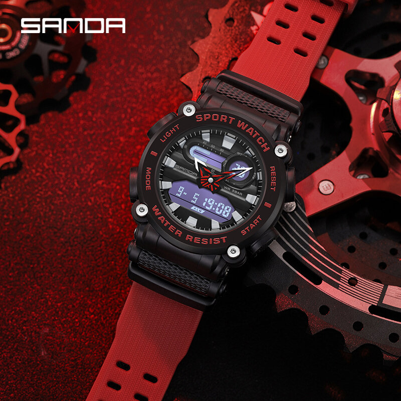 Fashion Sanda Top Brand Men's Outdoor Sports Watches Dual Display Quartz Electronic 50m Waterproof Led Digital Reloj De Hombre
