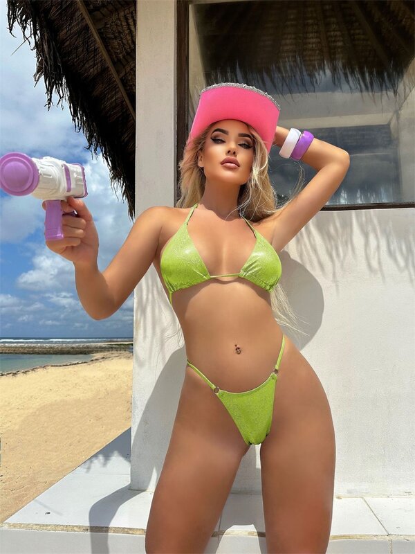 2-częściowy błyszczący Bikini damskie strój kąpielowy Top + bielizna Bling letnie przyjęcie na plaży Sexy gorąca dziewczyna Streetwear szaty sznurowane