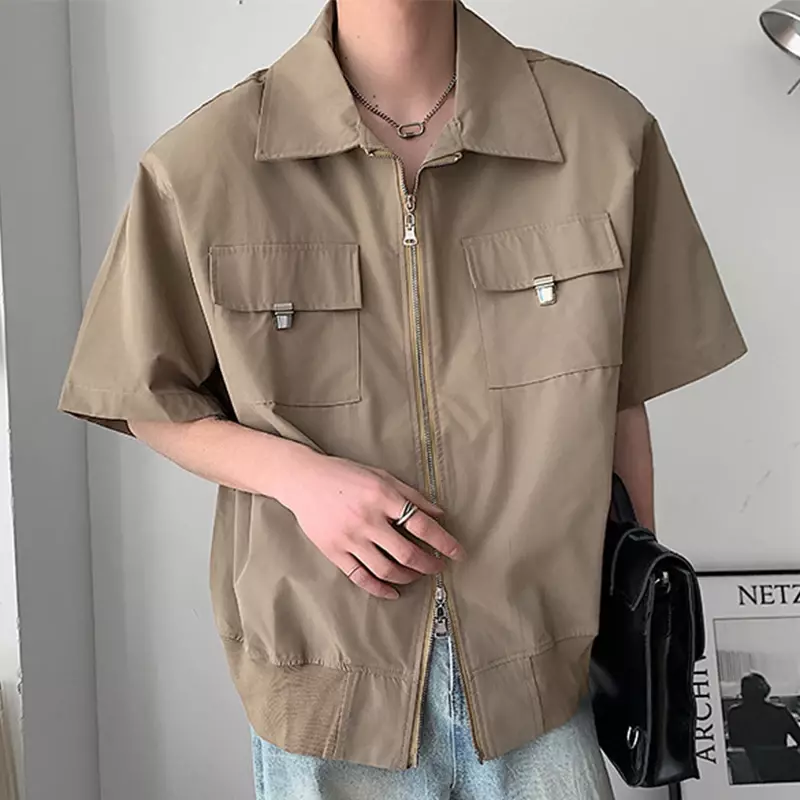 Streetwear Mens Y2K Shirts Oversize Casual Loose Solid Color Shirt Men Summer Trendy Patchs Pockets Zip-up Shirt Male Cardigans