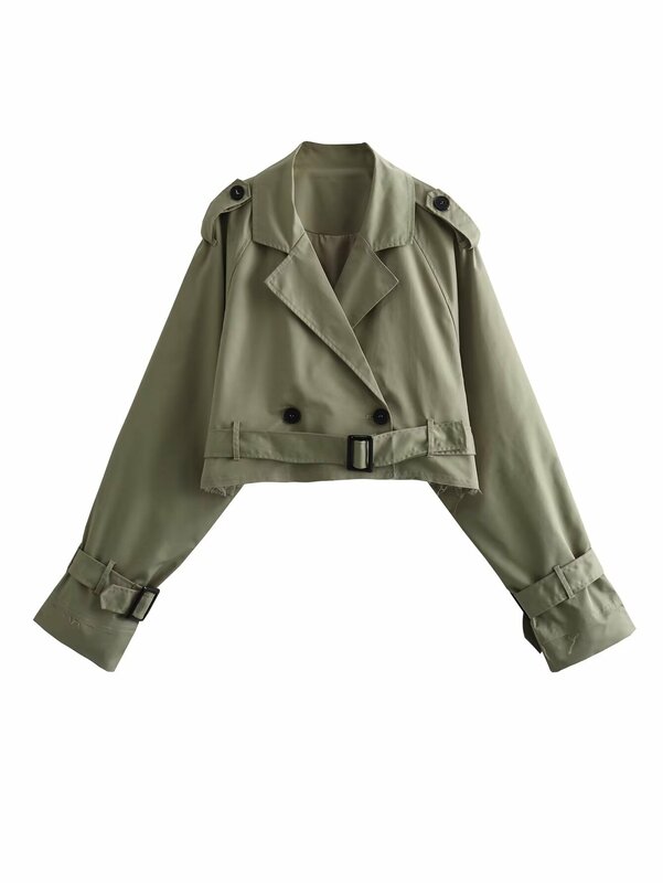 Blusão ultra curto feminino com cinto, casaco, lapela dupla, manga comprida, peito duplo, plus size, fato de voo elegante, roupas
