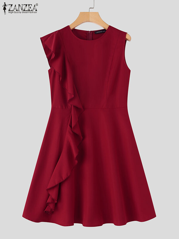 Gaun Mini wanita Musim Panas 2024 gaun tanpa lengan elegan ZANZEA seksi rempel mode kasual warna Solid pesta jubah pendek