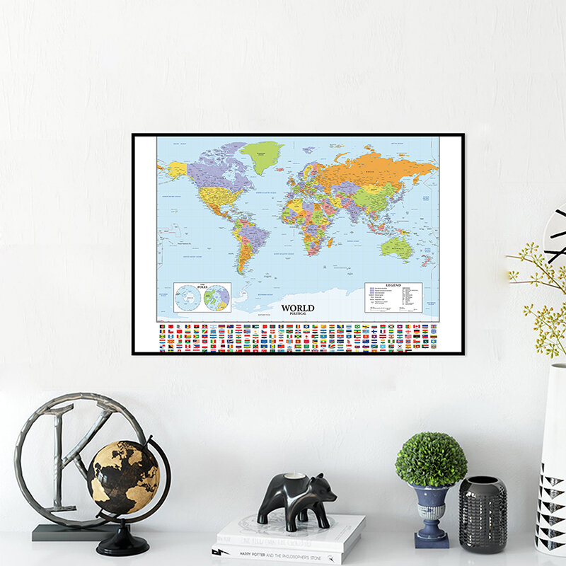 Mappa del mondo formato A2 con bandiere di vari paesi mappa della parete impermeabile in tela Fine decorazione della parete dell'aula dell'ufficio scolastico