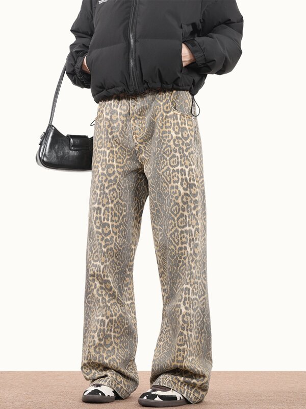 Jeans estilo americano com estilo leopardo para mulheres, cintura alta, perna reta, solta, calça casual, retrô Y2K, garota gostosa