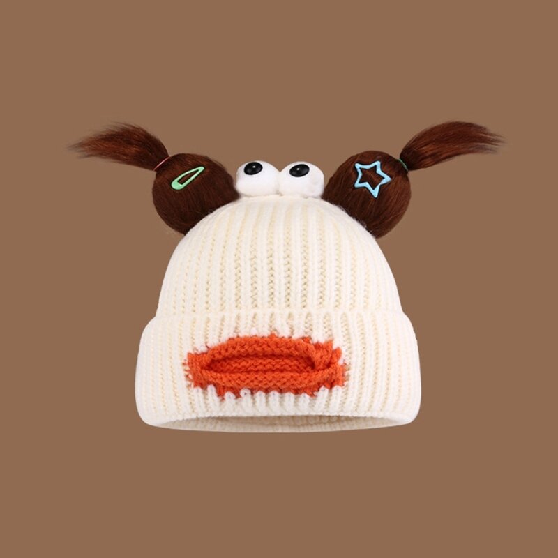 Adorkable Winter Beanie Headgear for Outdoors Skiing Hat Cartoon Pigtail