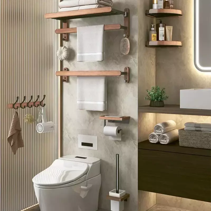 Toalheiros de parede de alumínio, prateleira dupla, organizador do chuveiro preto, espaço de madeira maciça, acessórios do banheiro, suporte do gancho