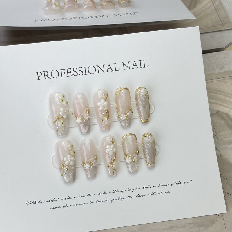 Sakura Angel Handmade Nails Press on Full Cover Manicuree Glod Line False Nails Wearable Artificial With Tool Kit