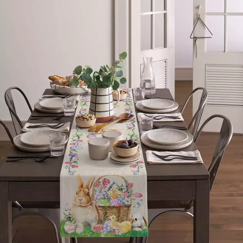 Corredores de mesa de lino de Pascua, decoración de mesa de comedor de primavera, bufandas de tocador de tulipán, huevos de colores de conejo, decoraciones de fiesta