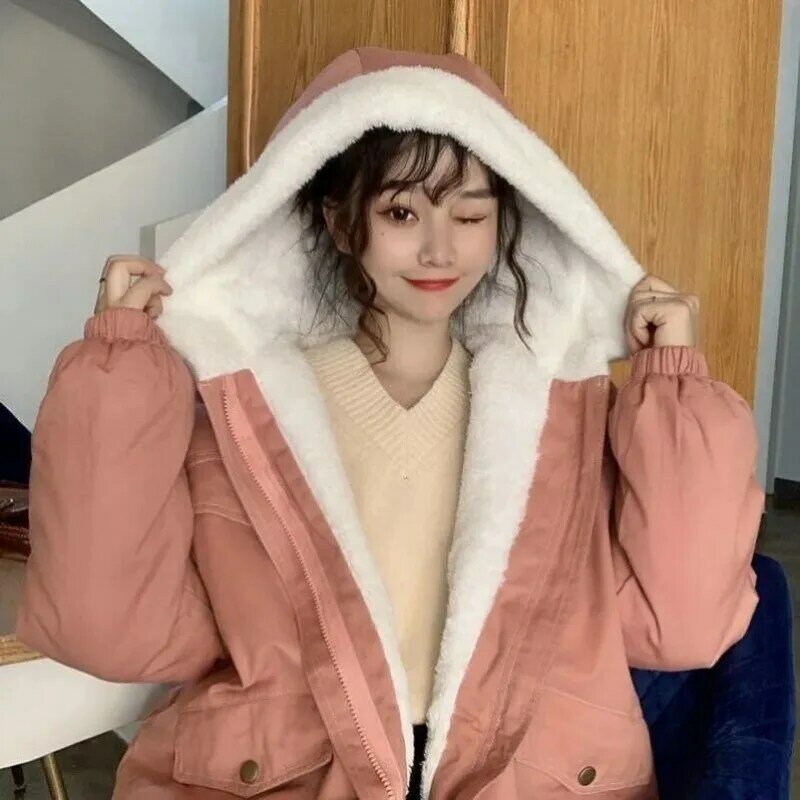 Abrigo corto de Invierno para mujer, Parkas de terciopelo sólido más grueso, estilo coreano, ropa de calle que combina con todo, bolsillos, ocio, estudiantes