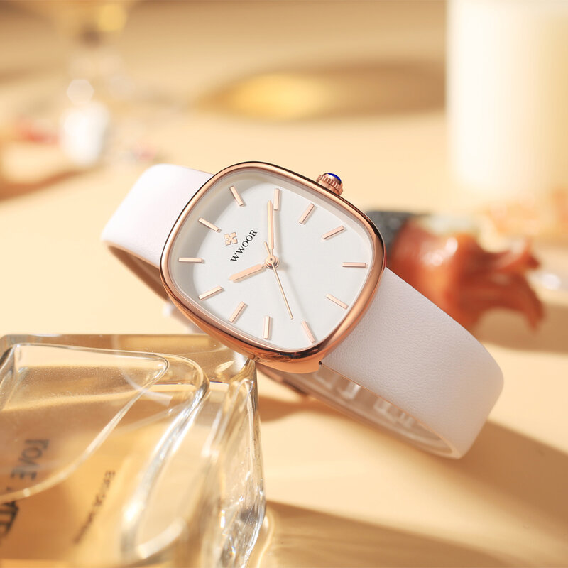 WWOOR-Relógio de quartzo de couro impermeável feminino, marca superior, pulseira de moda, relógio de luxo feminino, 2024