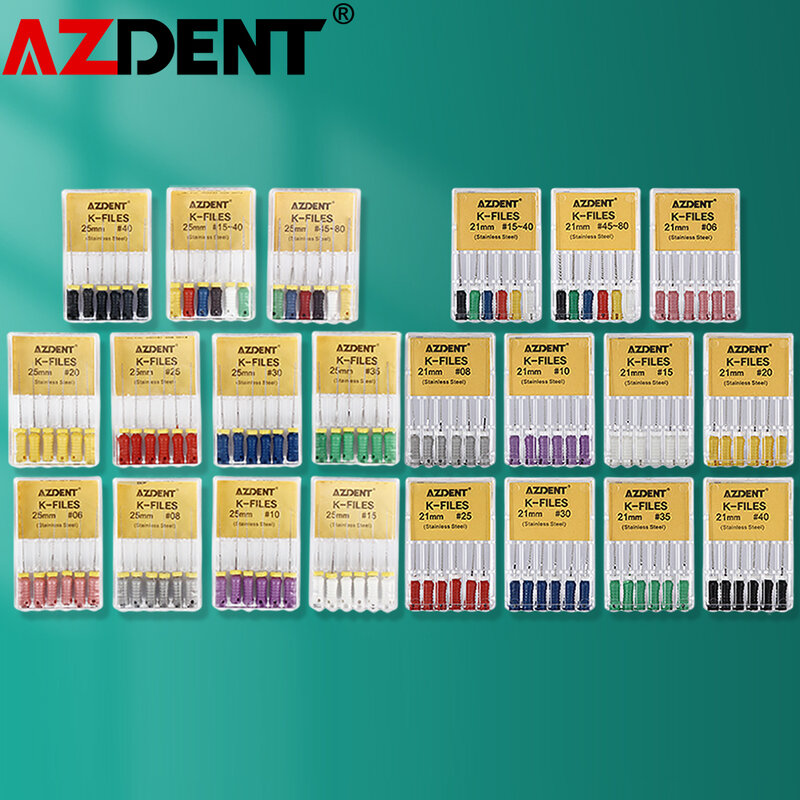 Azdent-歯内根管、歯科技工所、手使用のためのステンレス鋼kファイル、21mm、25mm、パックあたり6個