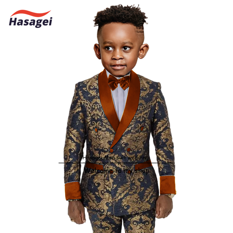 Gold Pattern Kids Suit 2 Piece Double Breasted Blazer for Boys Wedding Tuxedo Jacket Pants Formal Clothes 2-16 Years Old