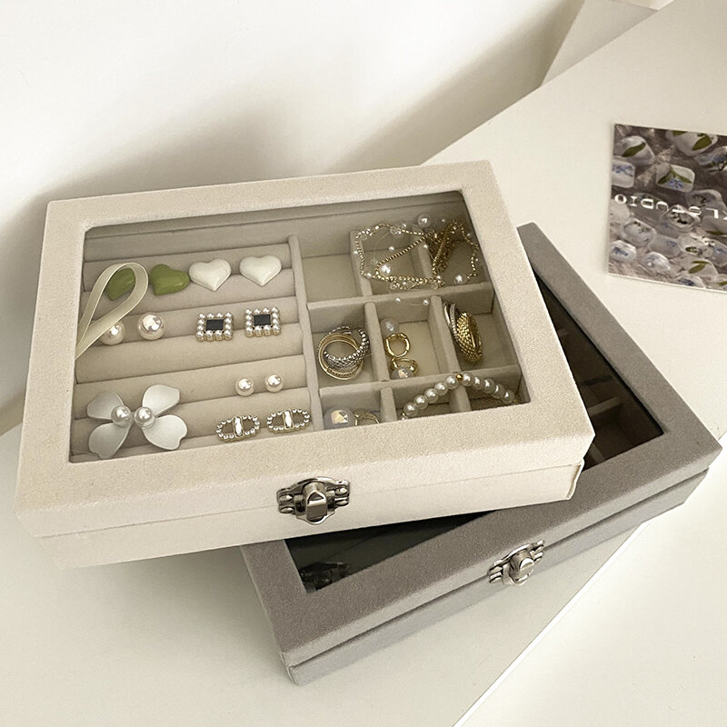 Grey Portable Velvet Jewelry Ring Box Jewelry Display Organizer Box Tray Holder Earring Jewelry Storage Case Packaging Showcase
