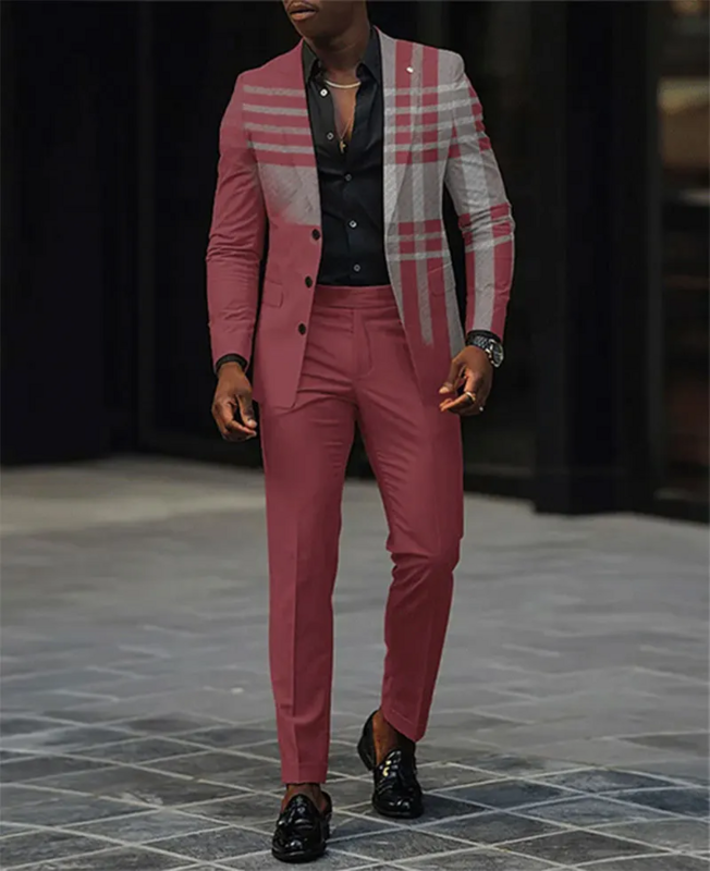 Men's Blazer Set Fashion Colorblock Plaid Lapel Collar Button Blazer & Pants 2Pcs Set Male Business Casual Prom Suit