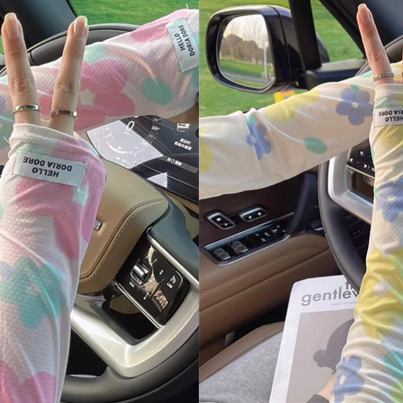Sarung tangan wanita perempuan Lengan tipis perlindungan UV sarung tangan sutra es lengan bersepeda hangat pelindung matahari manset bunga setengah jari baru