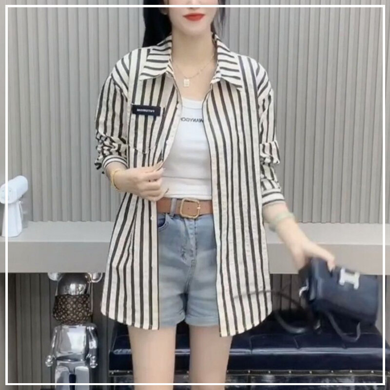 2024 Spring and Summer Casual Loose Fitting Fashion Versatile Lapel Striped Print Long Sleeved Sun Protection Outerwear Shirt
