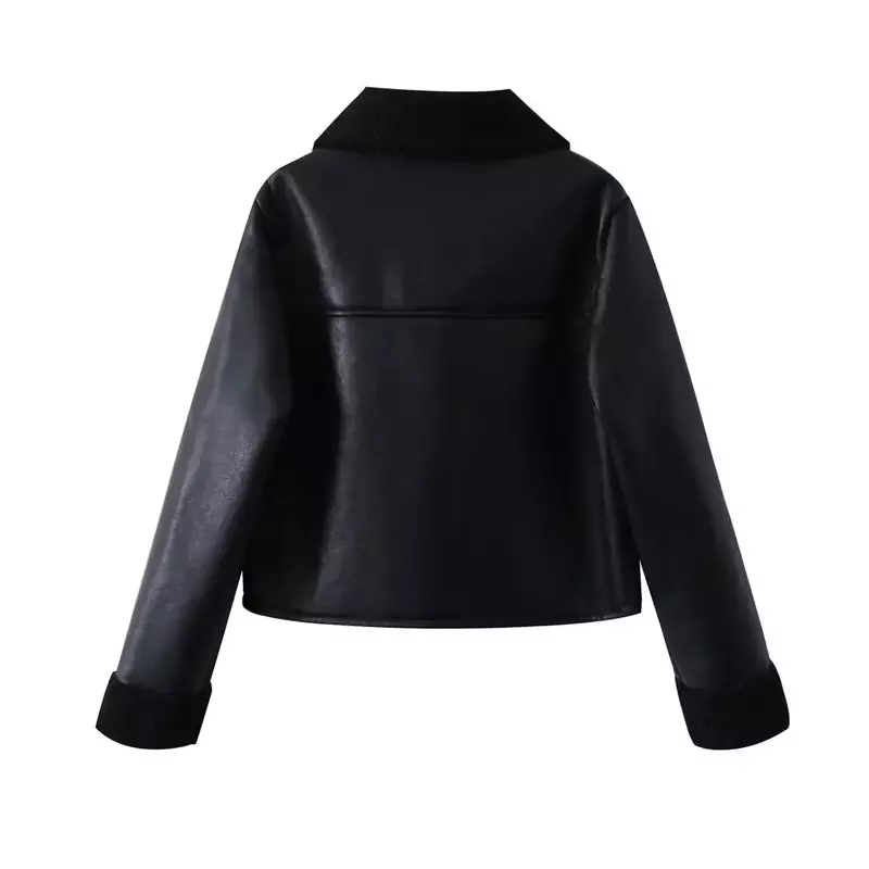 Women New Fashion Pocket decoration Warm Fur Faux Leather Jacket Coat Vintage Long Sleeve Button-up Female Outerwear Chic Tops
