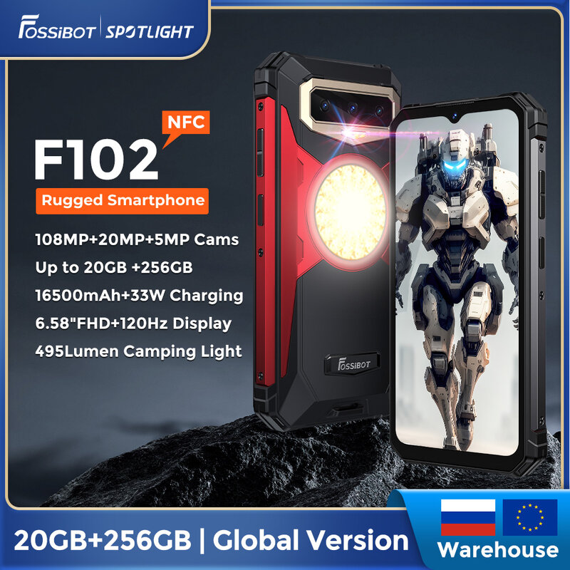 Fossibot f102 smartphone durable 20gb + 256gb HELIO g99 33W charge rapide 16500mah Android 13 téléphone portable 6.58 fhd Camping Light téléphone étanche NFC 108mp