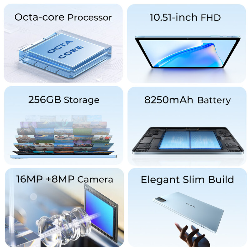 Oukitel Octa Core Tablet, OKT3, Pad Android 13, Câmera de 16MP, T616, 8250mAh Bateria, 10.51 "FHD + Display, 8GB, 256GB
