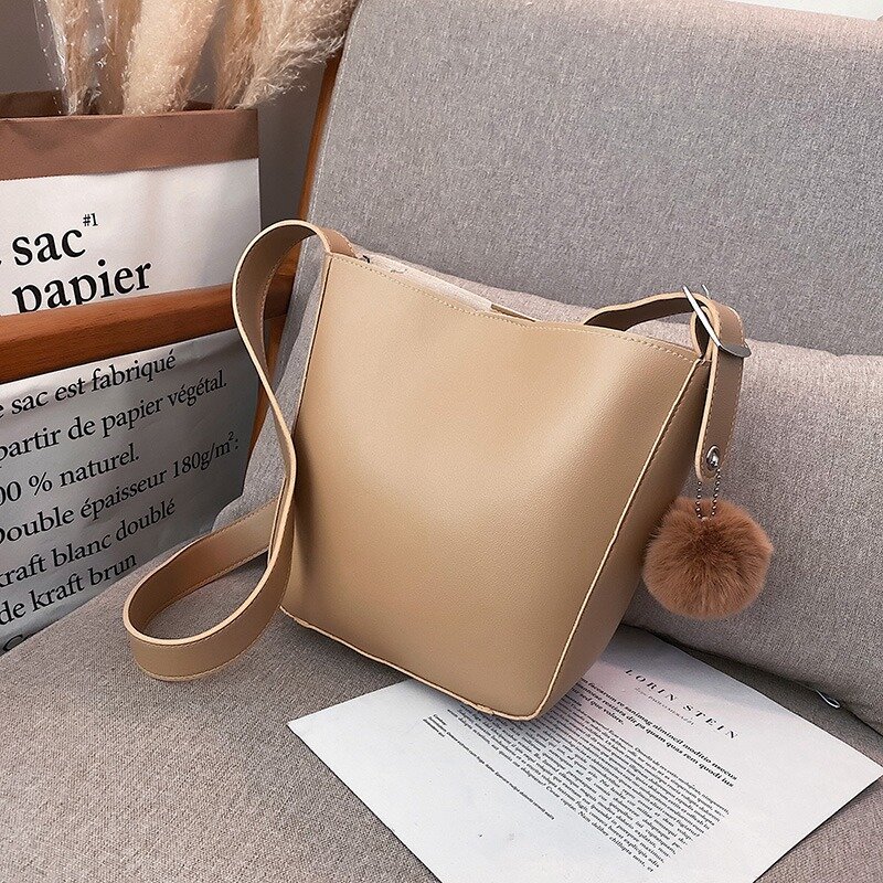 Tas Bucket polos sederhana untuk wanita, tas selempang wanita kapasitas besar dengan benang desain baru