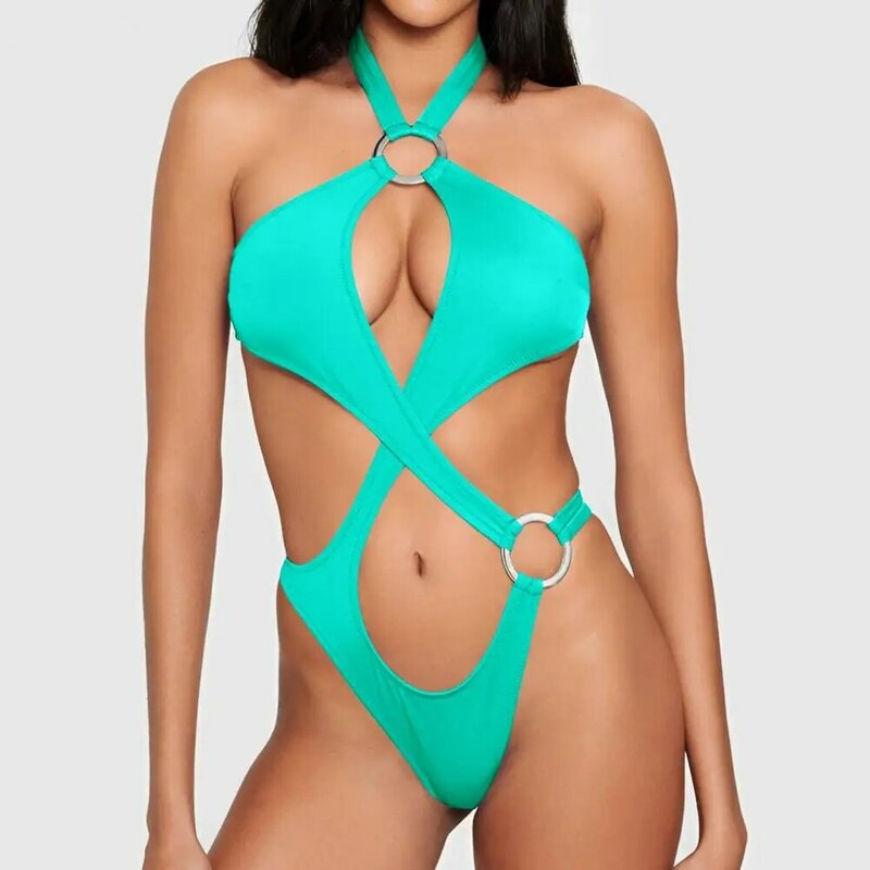 Bikini con cuello Halter para mujer, traje de baño de una pieza con corte alto, diseño ahuecado, Sexy, Color sólido