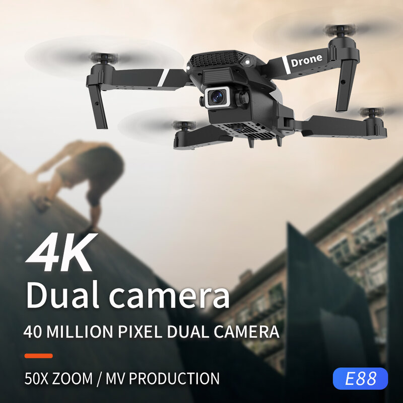 프로페셔널 드론 E88 4k 광각 HD 카메라 와이파이 fpv 높이 고정 접이식 RC 쿼드 로터 헬리콥터 카메라, 무료 어린이 장난감 프로페셔널 드론 와이파이