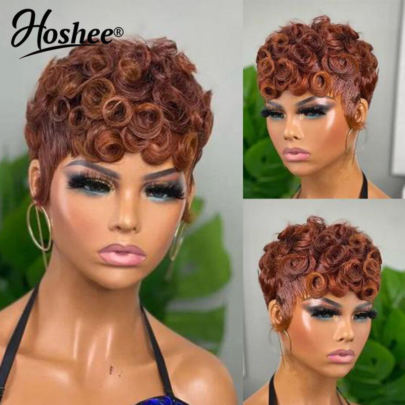 Water Wave Ginger Natural Colored Glueless Wear And Go 100%Human Hair Wig Full Machine Made Short Pixie Cut Wigs For Black Woman