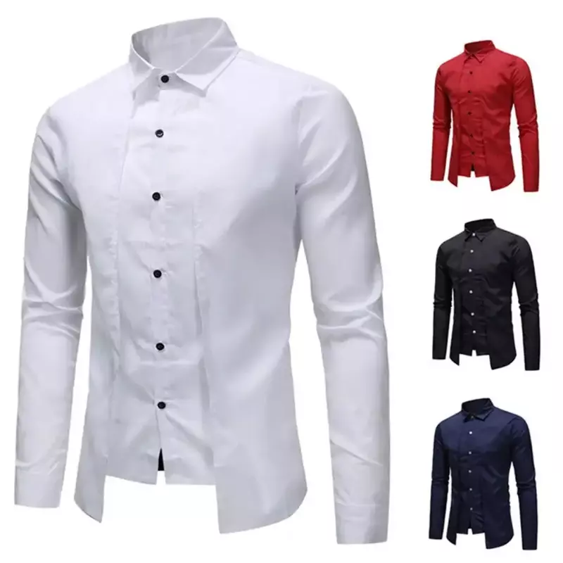 Men Shirt Lapel Single Breasted Solid Color Fake Two Pieces Long Sleeve Shirt For Work
