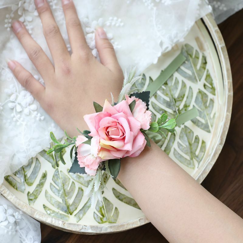 Boutonniere polso corpetto damigelle d'onore braccialetto di nozze seta rosa fiore partito Prom braccialetti braccialetto accessori di nozze